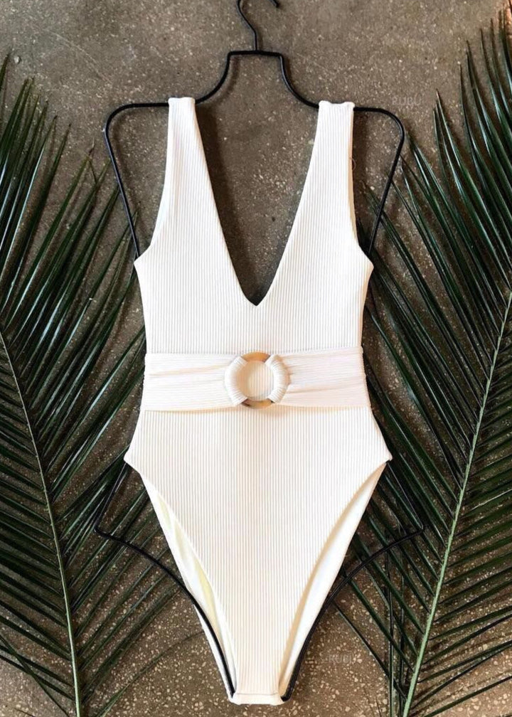 Belt Buckle One-Piece Swimsuit Solid Color mesjo
