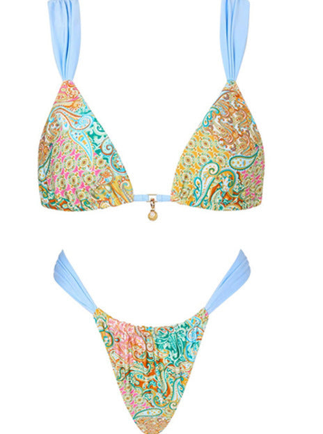 Halterneck Printed Lace-up Split Swimsuit