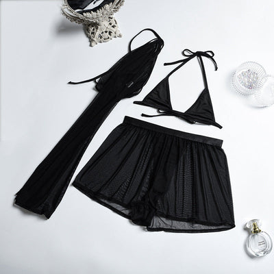 Solid Color Sling Bikini Set With Top Cover and Skirt mesjo