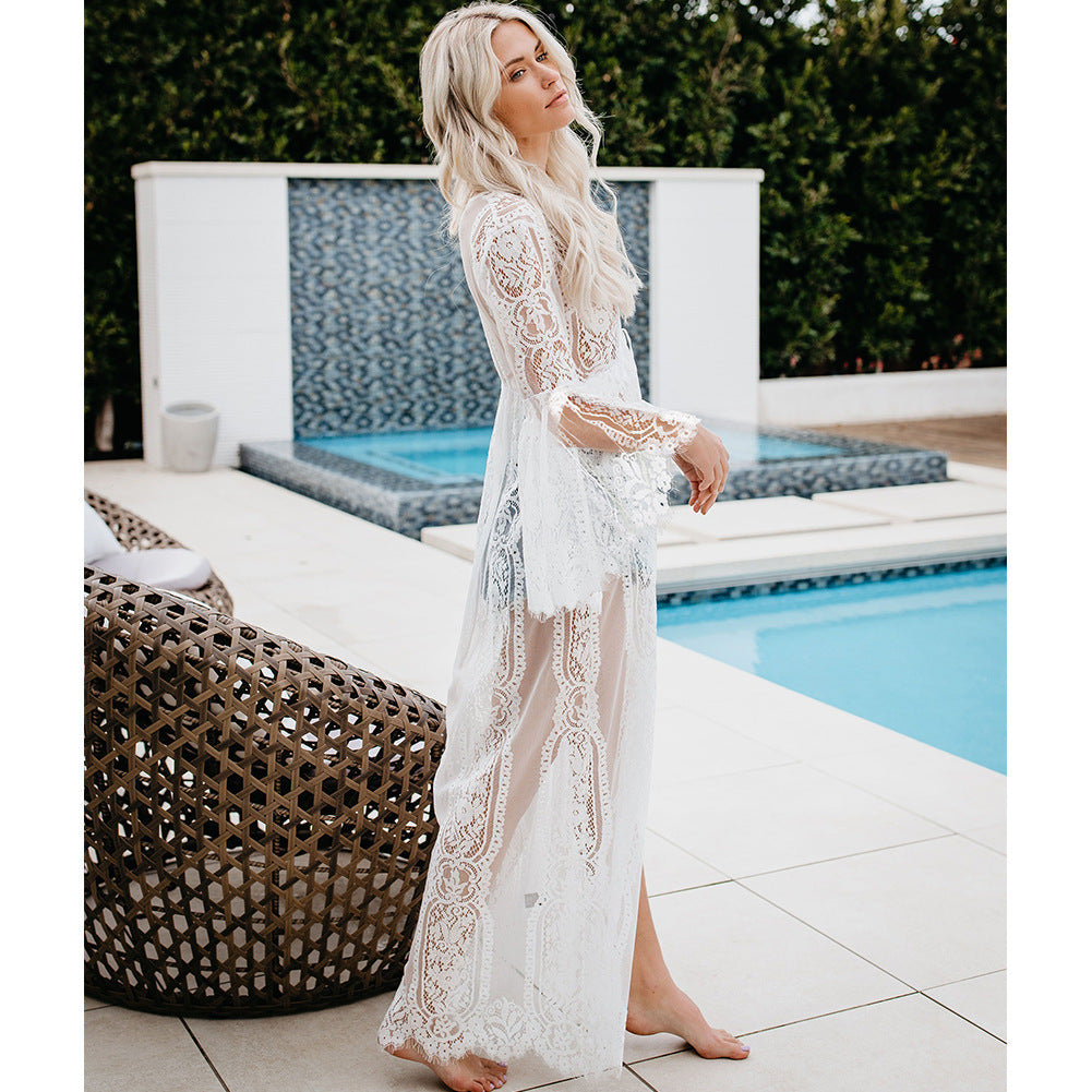 Net Sun Protection Long Beach Cover Up White mesjo