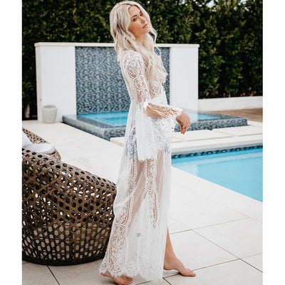 Net Sun Protection Long Beach Cover Up White mesjo