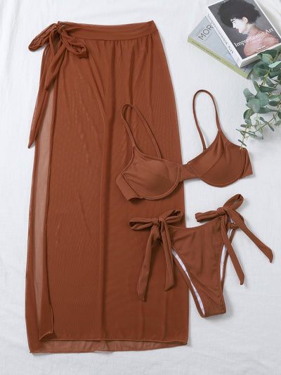 Three Piece Mesh Bikini With Skirt Beachwear Swimwear Caramel mesjo