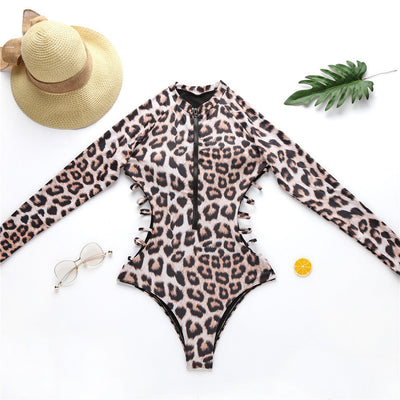 Leopard Print Rush Guard One-piece Swimsuit Beachwear mesjo