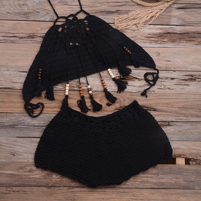 Handmade Tassel Dangling Beads Two Piece Bikini Beachwear Black mesjo