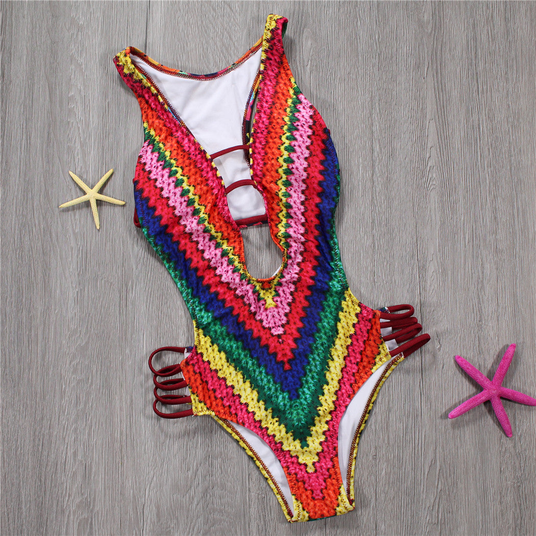 Printed Knitted One Piece Beachwear Swimwear mesjo