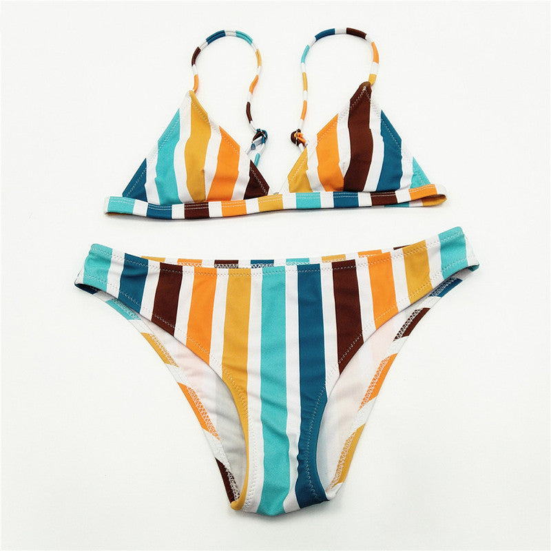 Striped Split Scoop Bikini Beachwear Swimwear mesjo