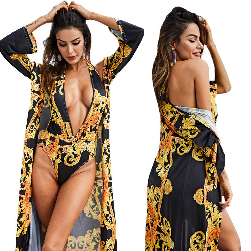 Printed Cloak Bikini with Blouse Cover up Beachwear mesjo
