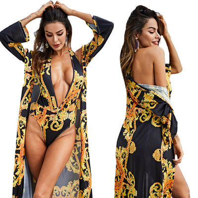 Printed Cloak Bikini with Blouse Cover up Beachwear mesjo