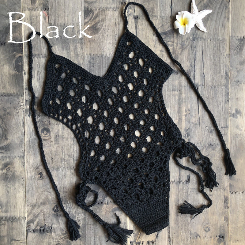 Hand-Knitted One-Piece Lace-up Beachwear Swimsuit black mesjo