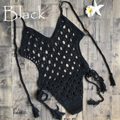 Hand-Knitted One-Piece Lace-up Beachwear Swimsuit black mesjo