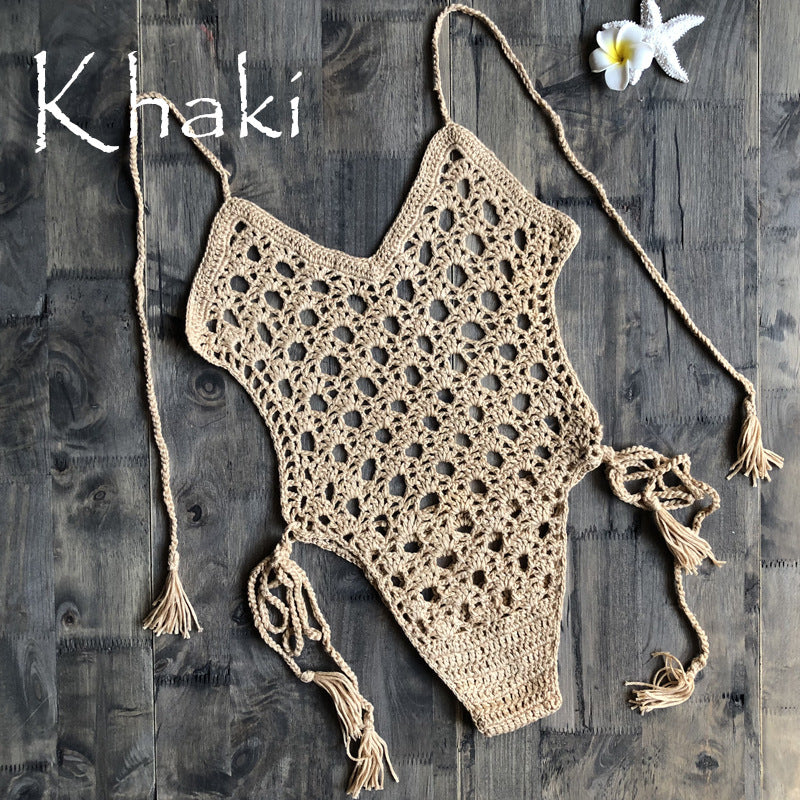 Hand-Knitted One-Piece Lace-up Beachwear Swimsuit Apricot mesjo