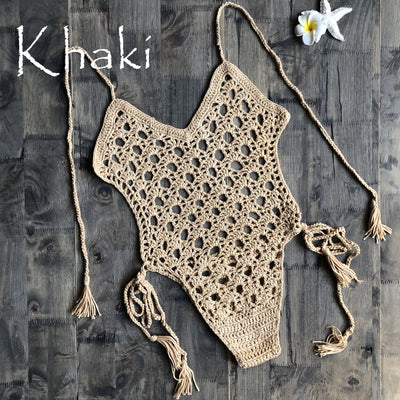 Hand-Knitted One-Piece Lace-up Beachwear Swimsuit Apricot mesjo