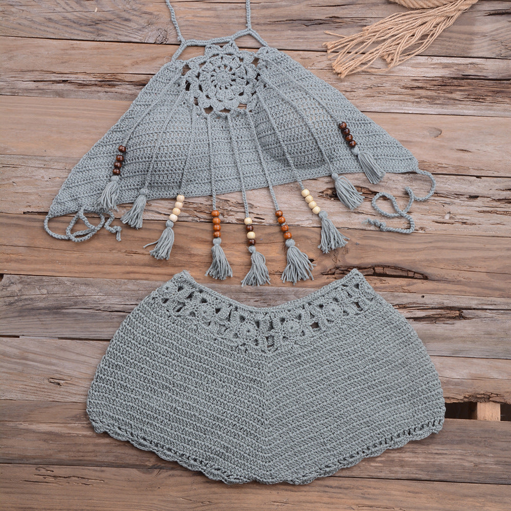Handmade Tassel Dangling Beads Two Piece Bikini Beachwear Lake Water Green Color mesjo
