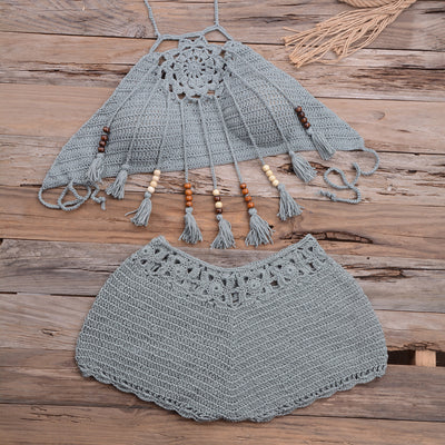 Handmade Tassel Dangling Beads Two Piece Bikini Beachwear Lake Water Green Color mesjo
