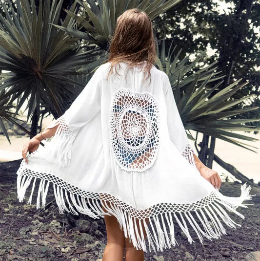 Net Cover up with Tassel Beach Blouse White