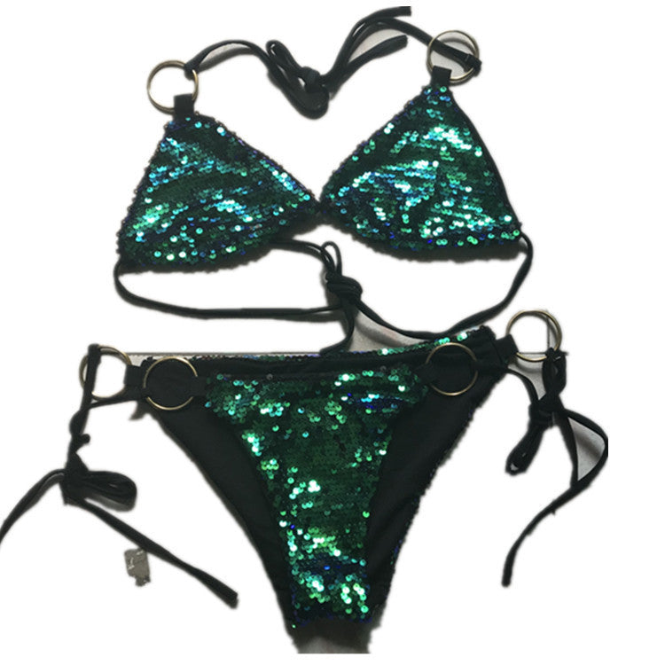 Shiny Triangle Thong Bikini Set Beachwear Swimwear mesjo