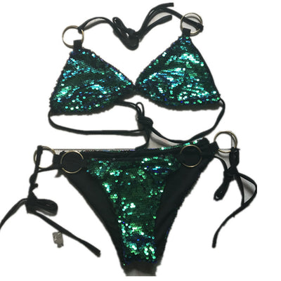 Shiny Triangle Thong Bikini Set Beachwear Swimwear mesjo