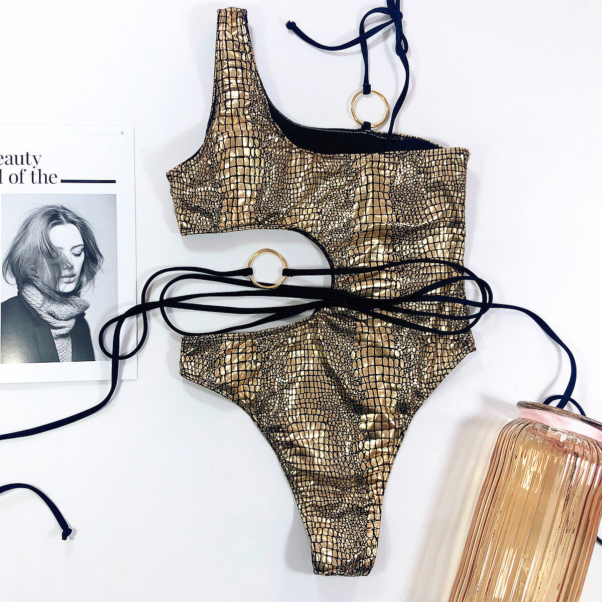 One-Shoulder Snake Texture one Piece Beachwear Swimwear mesjo