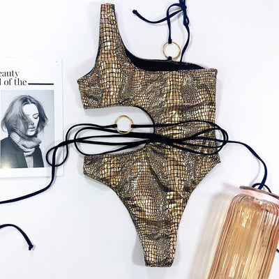 One-Shoulder Snake Texture one Piece Beachwear Swimwear mesjo