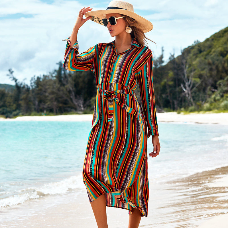 Thin Striped Long-Sleeved Sun Protection CoverUp Beachwear Color One size mesjo