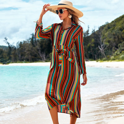 Thin Striped Long-Sleeved Sun Protection CoverUp Beachwear Color One size mesjo