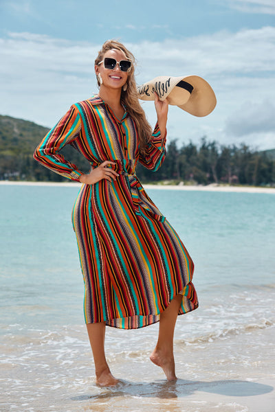 Thin Striped Long-Sleeved Sun Protection CoverUp Beachwear mesjo