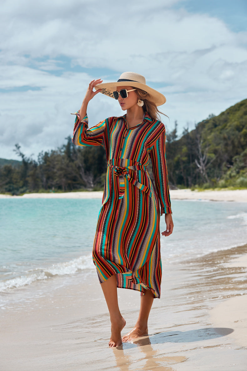 Thin Striped Long-Sleeved Sun Protection CoverUp Beachwear mesjo