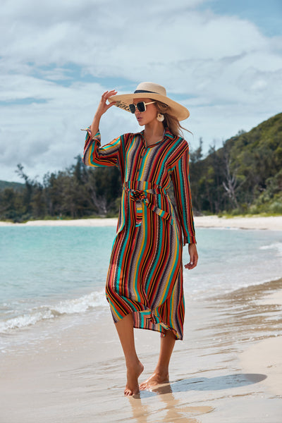 Thin Striped Long-Sleeved Sun Protection CoverUp Beachwear mesjo