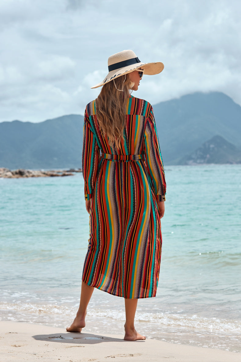 Thin Striped Long-Sleeved Sun Protection CoverUp Beachwear mesjo