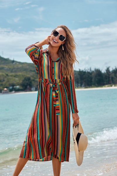 Thin Striped Long-Sleeved Sun Protection CoverUp Beachwear mesjo