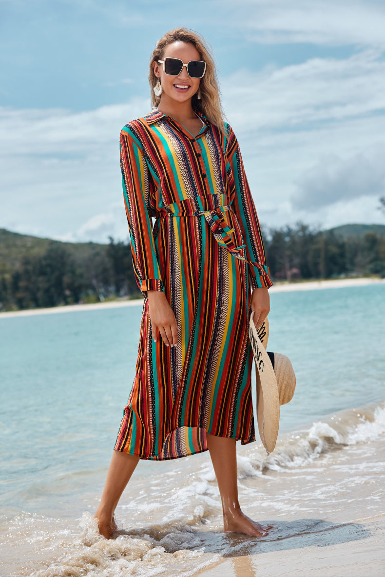Thin Striped Long-Sleeved Sun Protection CoverUp Beachwear mesjo