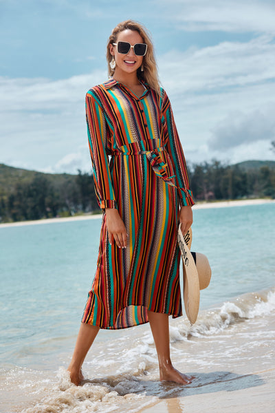 Thin Striped Long-Sleeved Sun Protection CoverUp Beachwear mesjo
