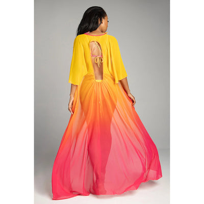 Gradient Three Piece Bikini with Cover Up Split Beachwear Veil mesjo
