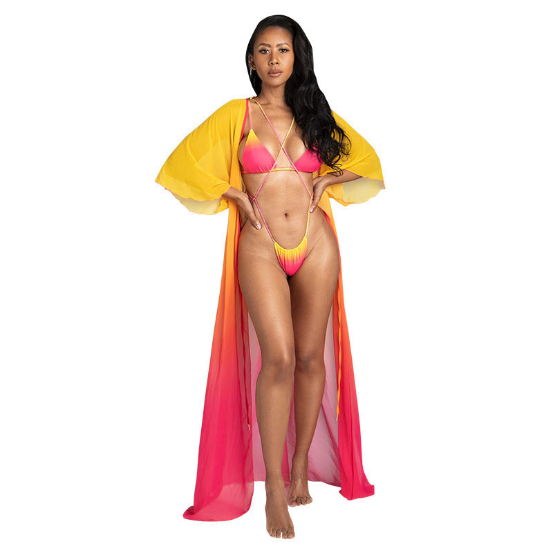 Gradient Three Piece Bikini with Cover Up Split Beachwear mesjo