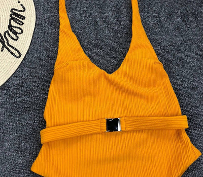 Belt Buckle One-Piece Swimsuit Solid Color mesjo