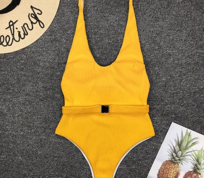 Belt Buckle One-Piece Swimsuit Solid Color Yellow mesjo