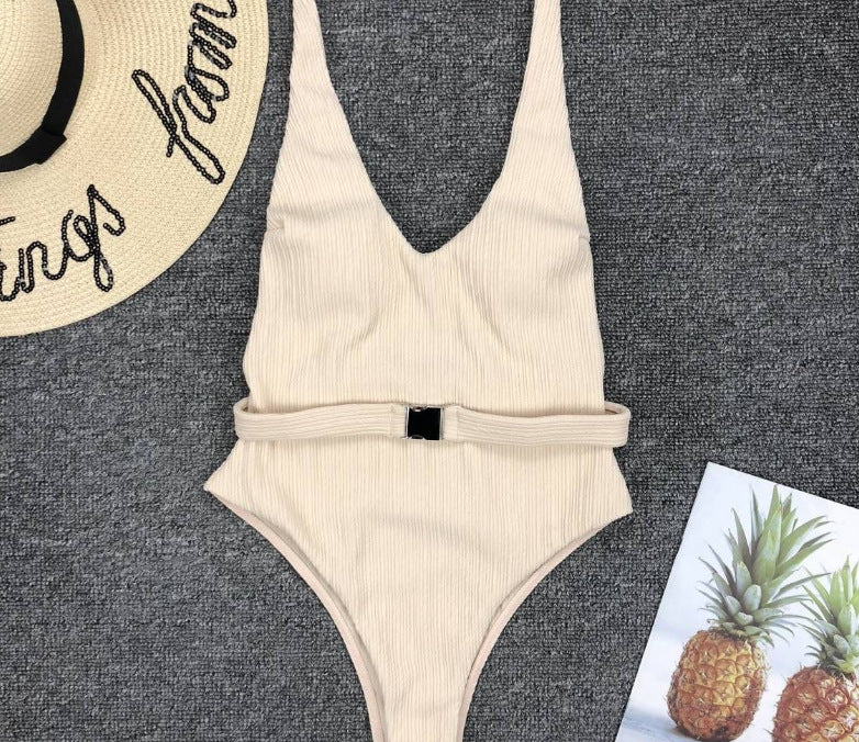 Belt Buckle One-Piece Swimsuit Solid Color Apricot mesjo