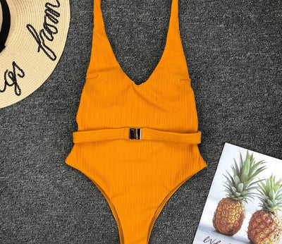 Belt Buckle One-Piece Swimsuit Solid Color Orange mesjo