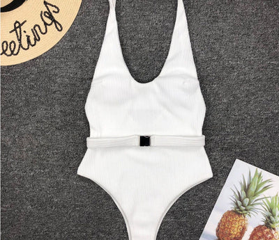 Belt Buckle One-Piece Swimsuit Solid Color White mesjo
