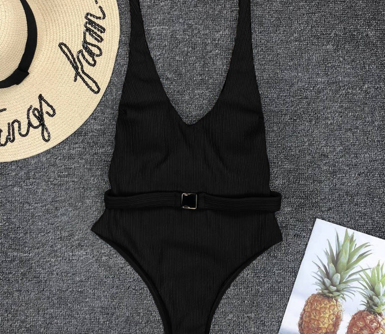 Belt Buckle One-Piece Swimsuit Solid Color Black mesjo