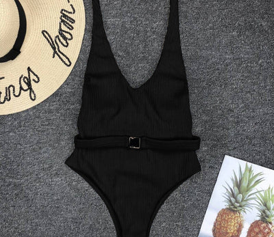 Belt Buckle One-Piece Swimsuit Solid Color Black mesjo