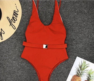 Belt Buckle One-Piece Swimsuit Solid Color Red mesjo