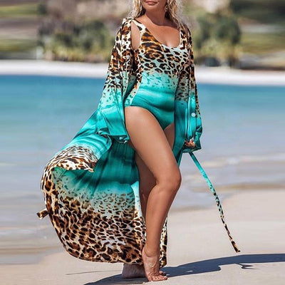 Leopard Style Coverup with One piece Swimwear Beachwear Green mesjo