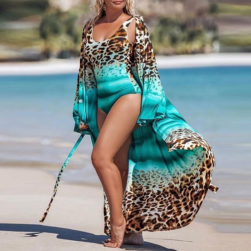 Leopard Style Coverup with One piece Swimwear Beachwear mesjo