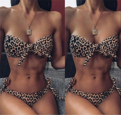 Leopard Tie Knot Strip less Bikini Swimwear Beachwear mesjo