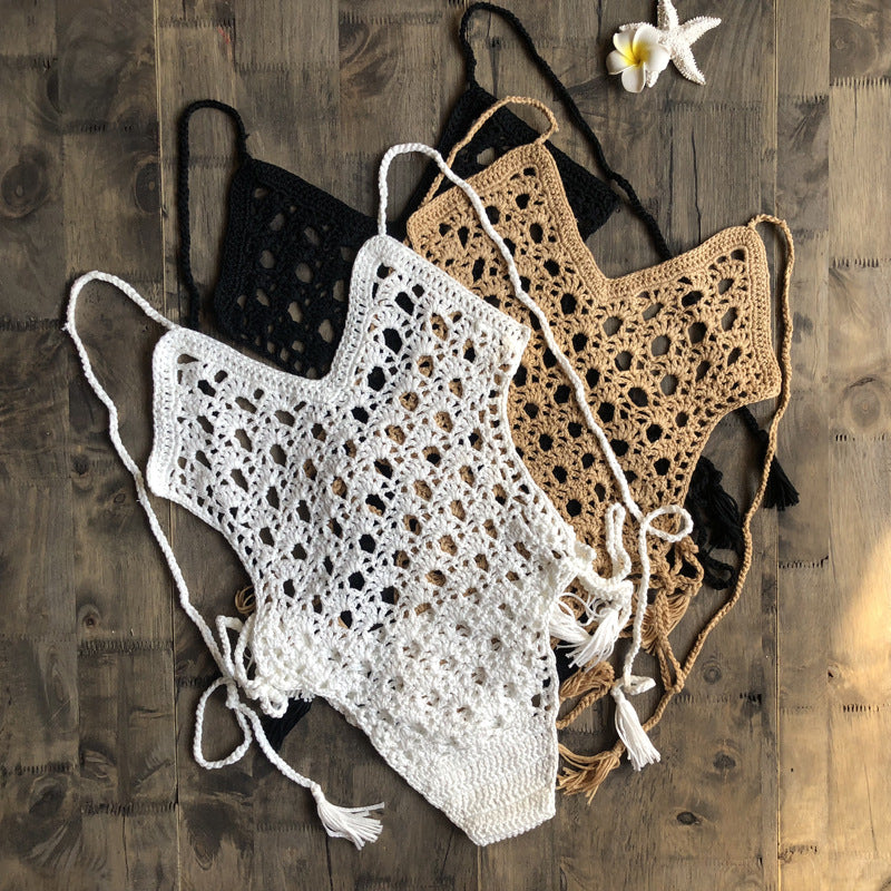 Hand-Knitted One-Piece Lace-up Beachwear Swimsuit mesjo