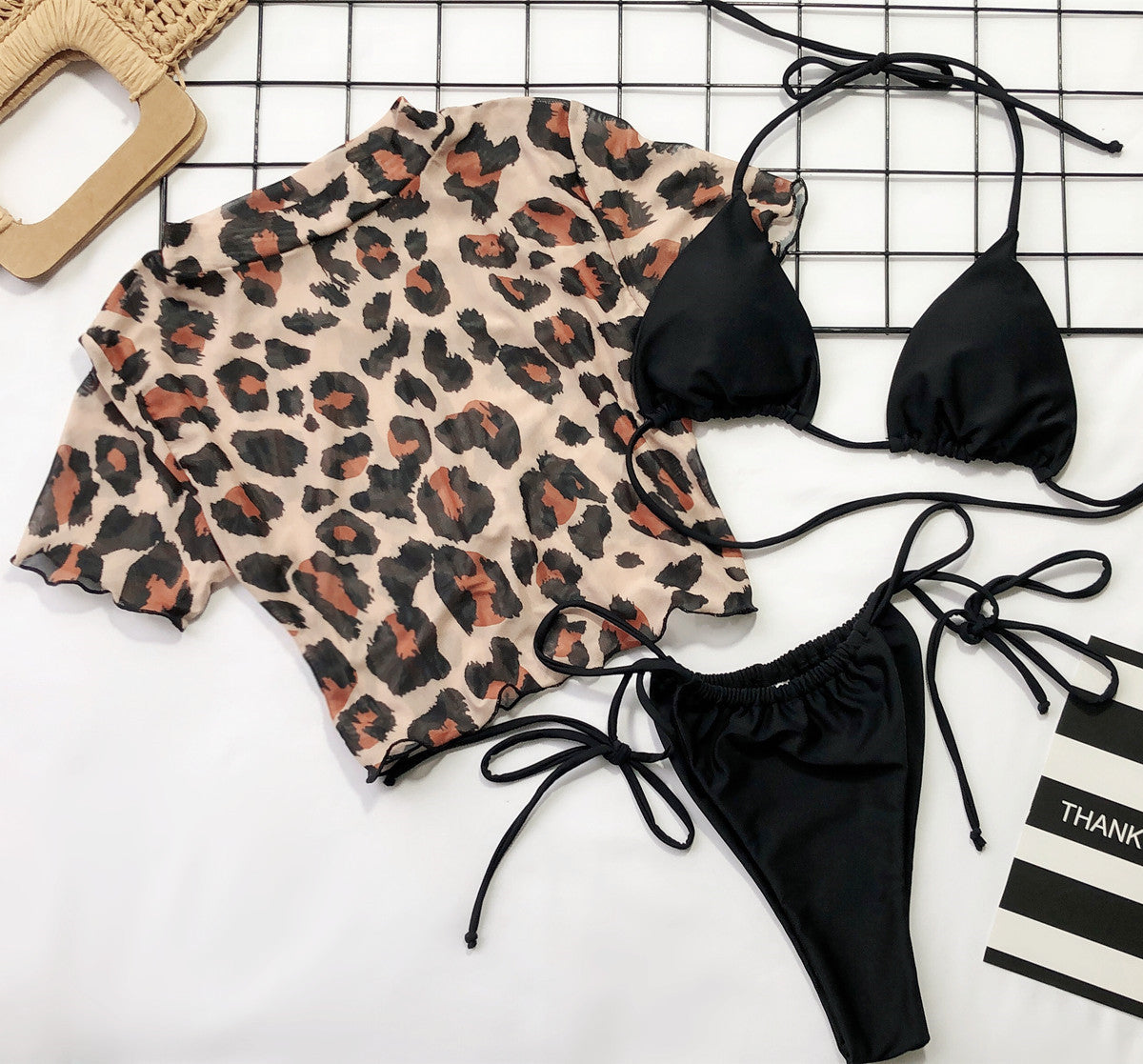 Leopard Printed Bikini Three-Piece Beachwear Swimwear mesjo