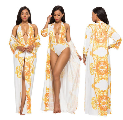 Printed Cloak Bikini with Blouse Cover up Beachwear mesjo