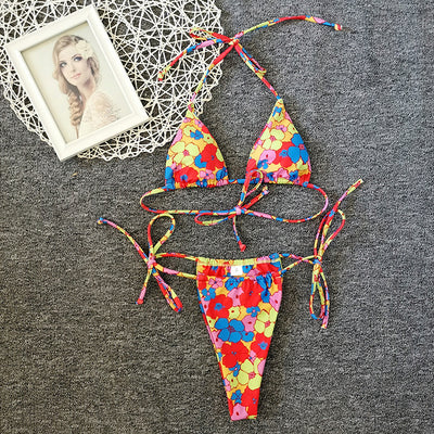 Floral Pattern Drawstring Bikini Swimwear Beachwear Multicolor Small Flowers mesjo