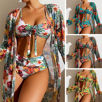 Long Floral Split Bikini With Blouse Beachwear mesjo